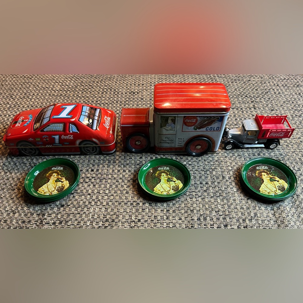 Coke Cola Collection - 3 bin like vehicles & 10 metal coasters.